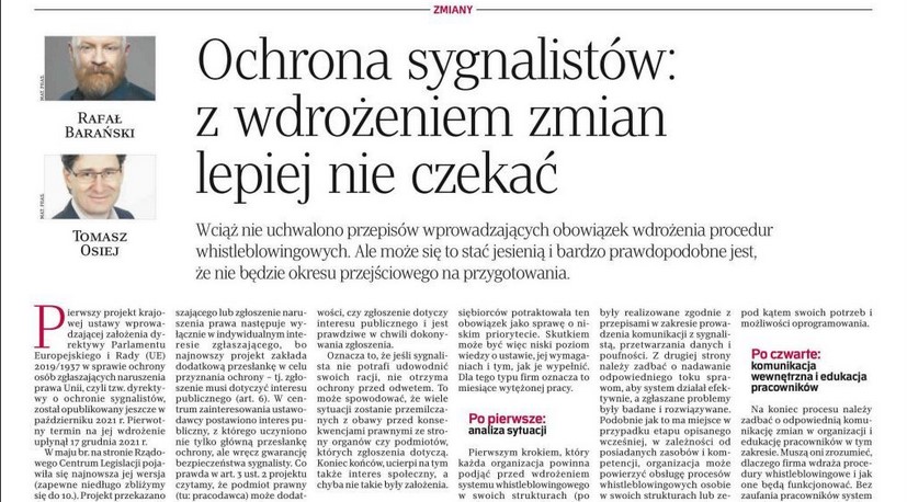 Publikacja w Rzeczpospolita „Ochrona sygnalistów: z wdrożeniem zmian lepiej nie czekać”